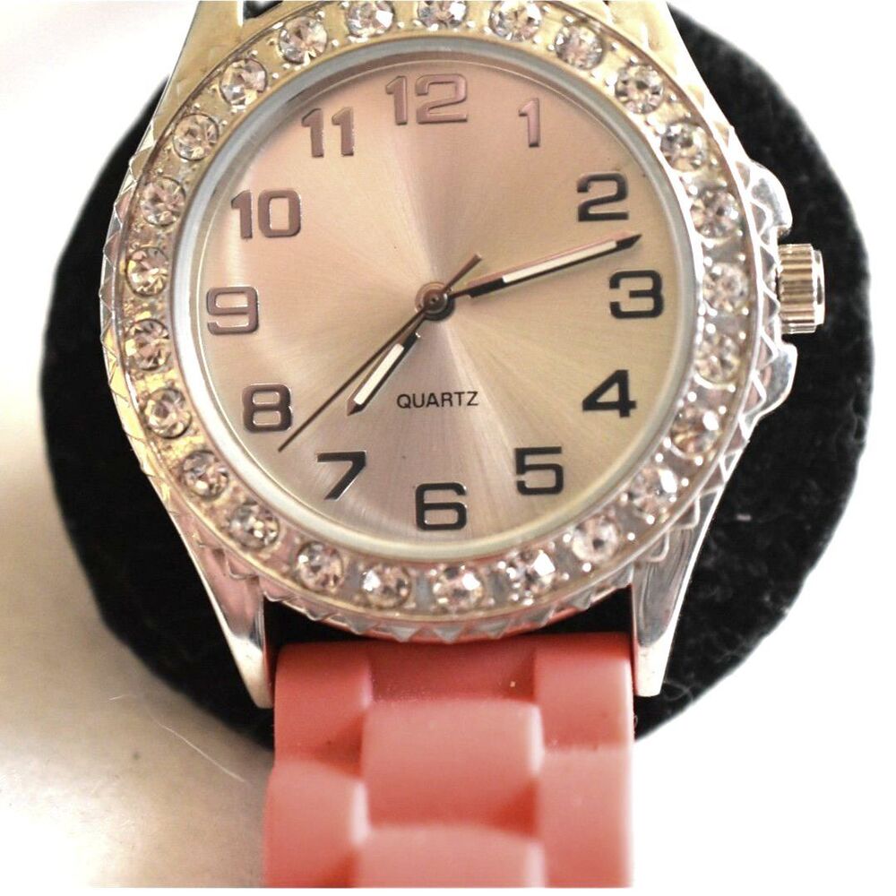 Fun Glitzy Silver Tone Rhinestone Accent Red Silicone Band New Battery Watch